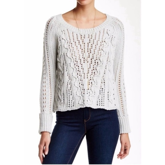 Free People Sweaters - Free People Chunky Cable Knit Fisherman‎ Open Back Sweater Grey Small cropped